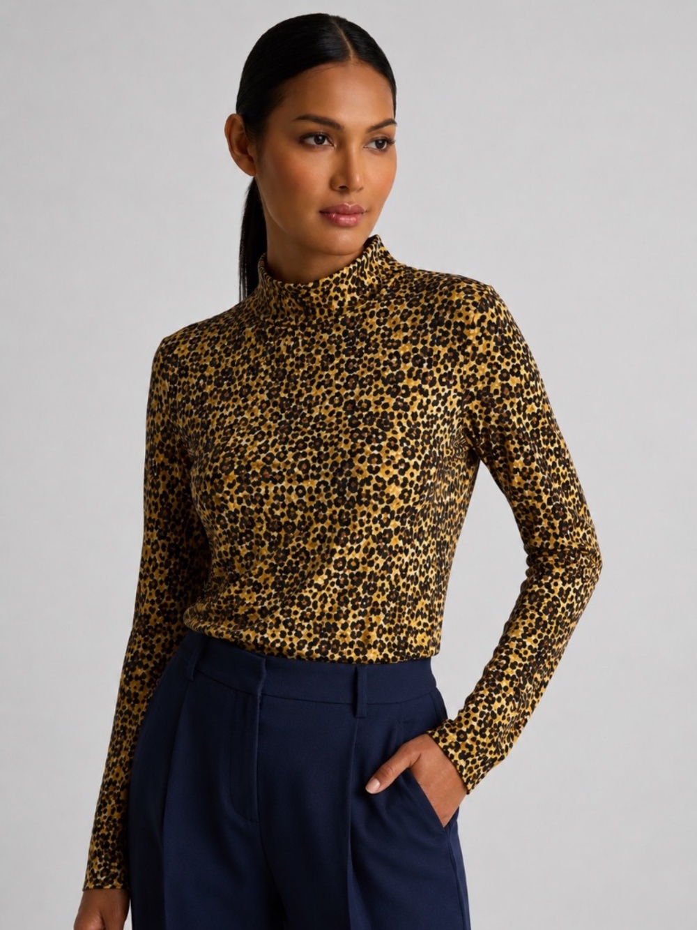 St. John Leopard Print Mock Neck Stretch Knit Top Gold Black Women Size XL